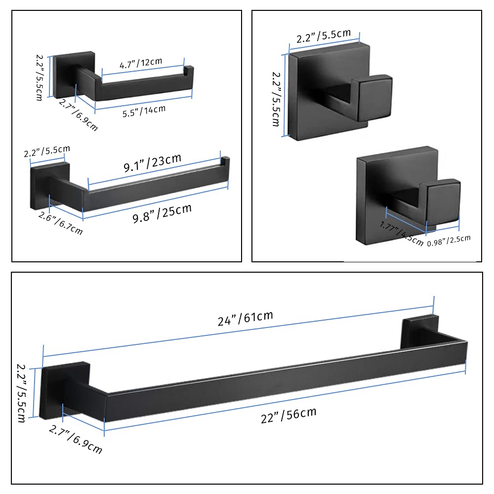 5-Piece Bathroom Hardware Accessories Set  Include 24 Inch Towel Bar  Toilet Paper Holder  Hand Towel Rack  2 Towel Hooks  Matte Black